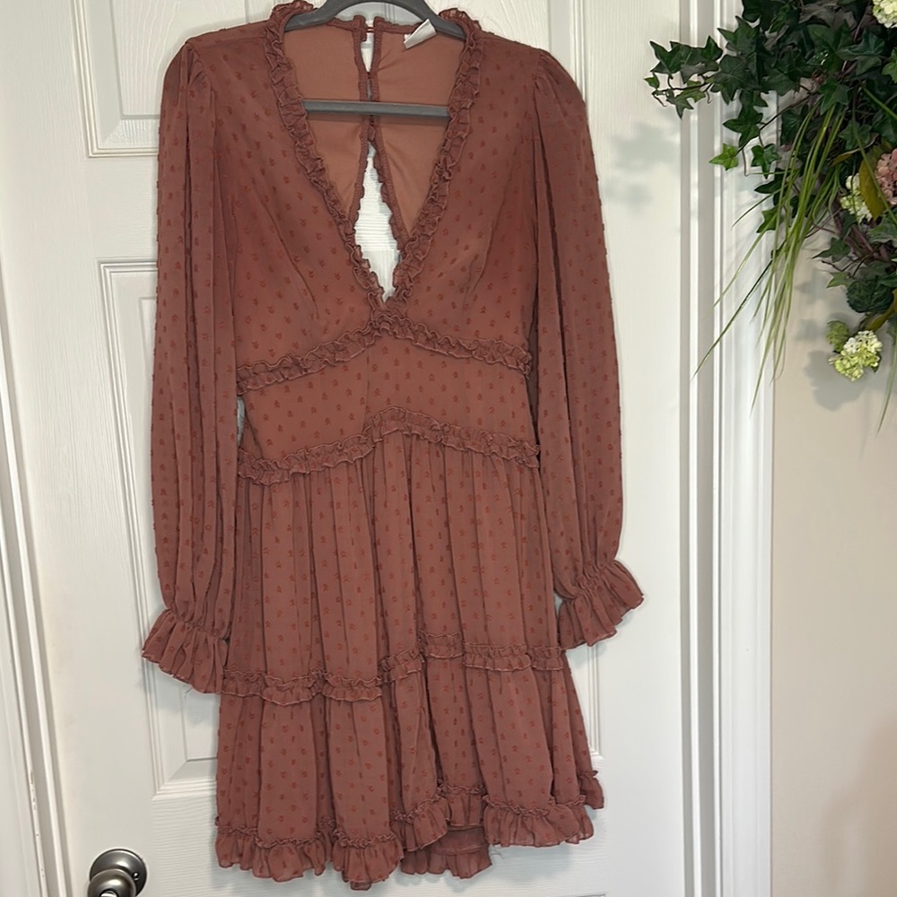 Elegant Ruffled Swiss Dot Brown/ Rust Dress